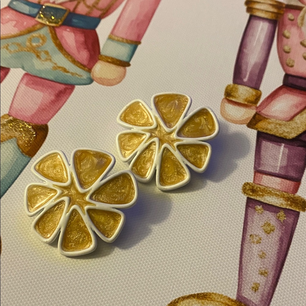 Monet Gold and White Enamel Flower Clip On Earrings